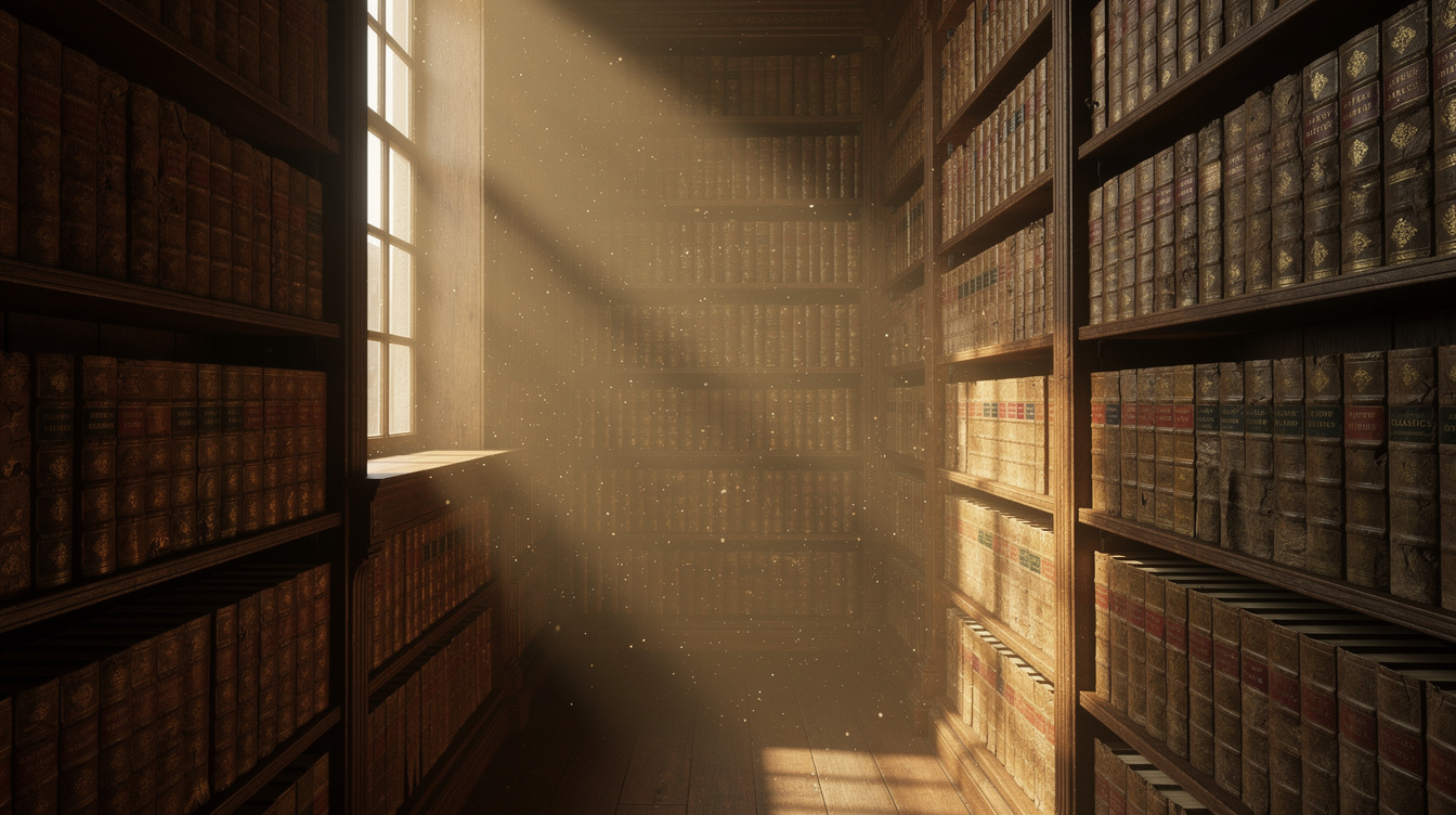 Warm lit library shelves filled with old books