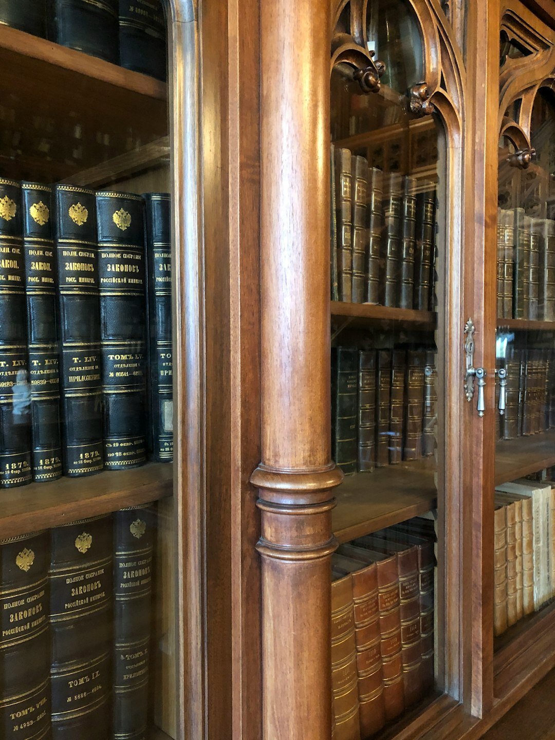 Tall wooden bookshelf filled with leather bound books