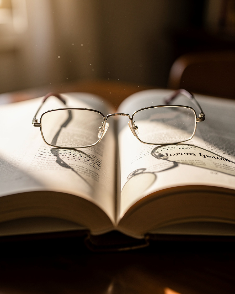 Close-up of open book pages with reading glasses